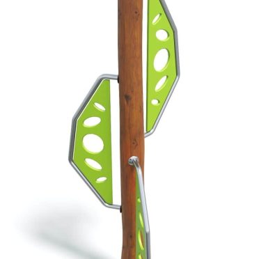 Colorful modern climbing structure made of wood and metal for children's outdoor play, featuring bright green panels with circular cutouts for imaginative and active recreation.