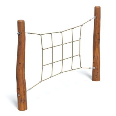 Durable wooden playground climbing net with sturdy poles and reinforced rope for children's outdoor play and activities. Perfect for developing coordination and strength.