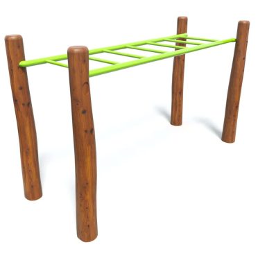 Vibrant green and wooden playground climbing frame suitable for outdoor kids' activities. Durable structure encouraging physical activity and play. Perfect for parks or backyard play areas.