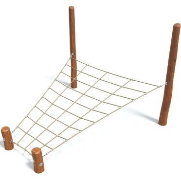 Sturdy wooden play structure with rope climbing net for children’s outdoor activity and active play. Durable and safe design ideal for playgrounds and backyard entertainment.