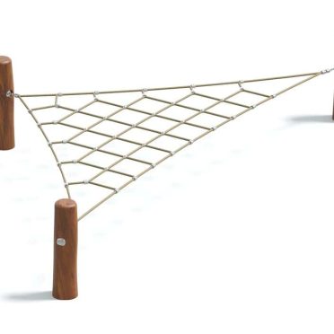 Climbing net play structure with wooden posts for outdoor playgrounds and recreational areas.