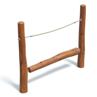 Wooden playground obstacle course, durable outdoor fitness equipment for children, built from natural logs with a safety rope, ideal for park or backyard play areas.