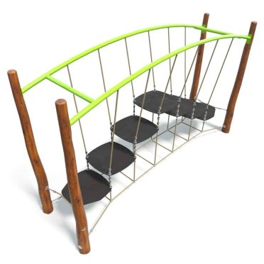 Vibrant green and black playground climbing structure made of durable wood and metal ropes, ideal for outdoor play and children's physical activity. Perfect for parks and school playgrounds.