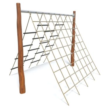 Climbing play structure with wood and rope for outdoor playgrounds.