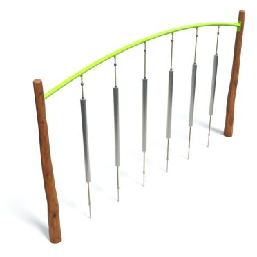 Aluminum hanging bridge play structure with wooden support pillars, ideal for outdoor playgrounds and children’s recreational areas. Durable, safe design invites active play and coordination development.