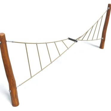 Rope bridge playground equipment made of wooden logs and nylon ropes for outdoor kids' play areas. Durable and safe for climbing and balance activities.