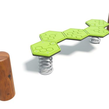 Natural Hex Balance by DG Play, a green hexagonal wobble balance run on a timber post for schools and parks