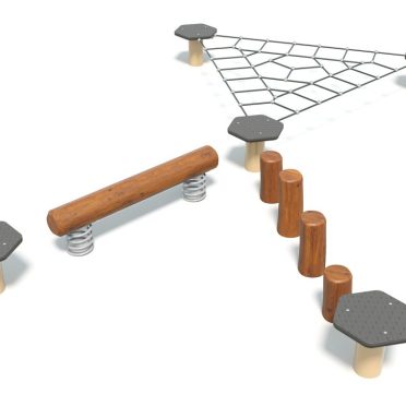 Balance course with a rope net, a timber log and grey stepping tops