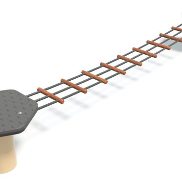 Rope and timber rung ladder bridge on a hexagonal platform