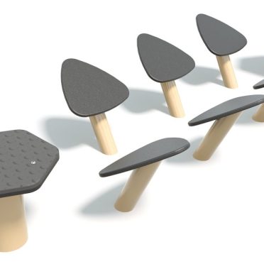 Modern outdoor playground equipment with three stepping stones and two hexagonal platforms for children to climb and balance.