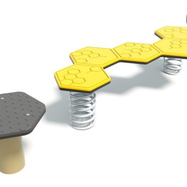 Colorful hexagonal playground balance beams with spring supports for children.