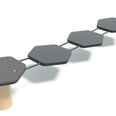 Modern playground equipment with hexagon-shaped stepping stones connected by a metal bar, designed for children's outdoor play and physical activity.