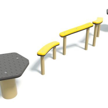 Colorful outdoor playground equipment with hexagonal and rectangular platforms and yellow benches for children.