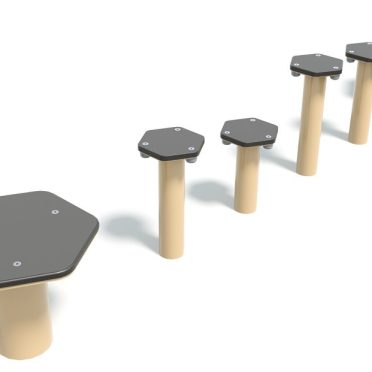 HDPE river steps playground equipment with hexagonal platforms and wooden supports for outdoor play areas.